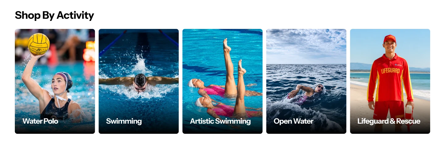 Shop by Activity section showing Water Polo, Swimming, Artistic Swimming, Open Water, and Lifeguard and Rescue