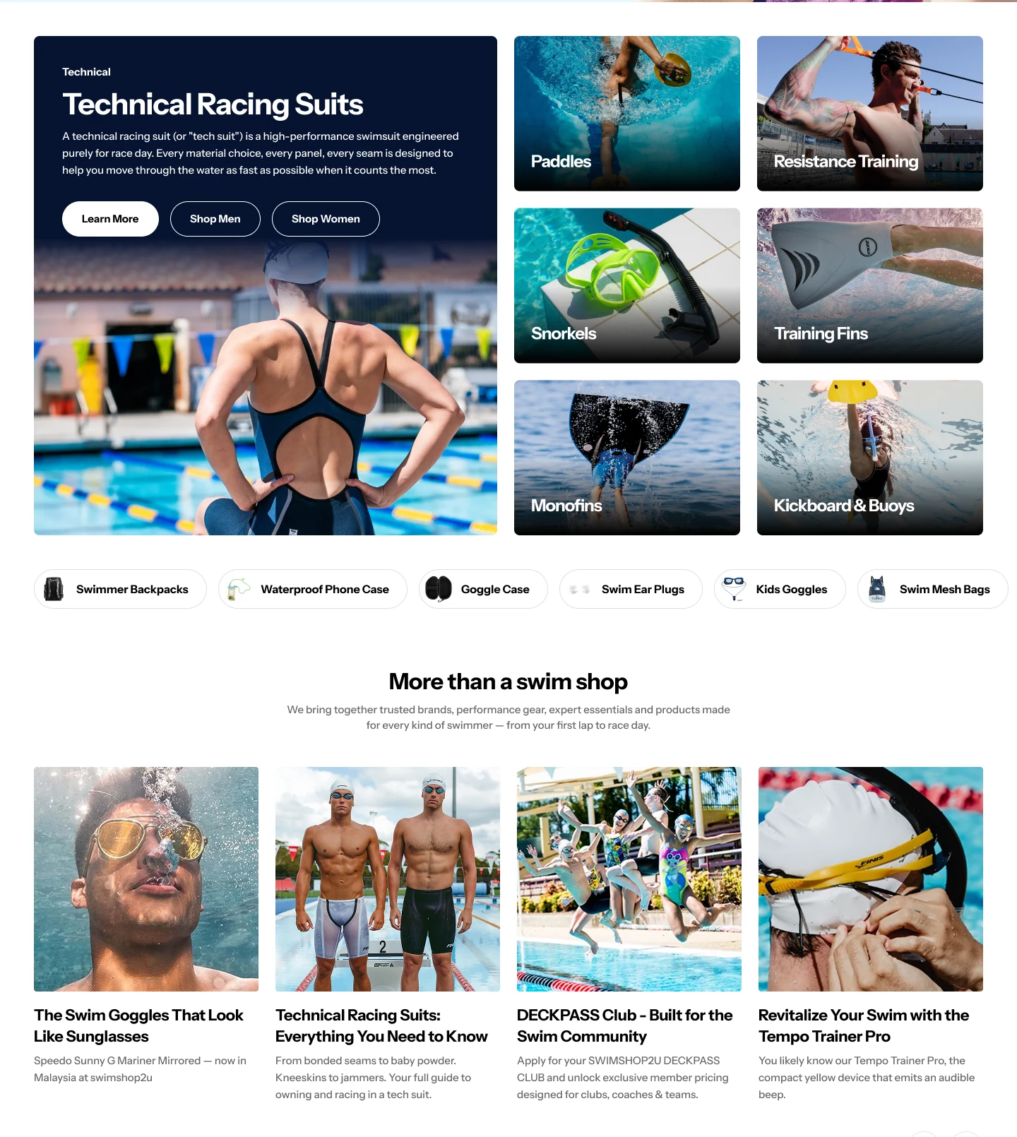 Technical Racing Suits department alongside paddles, resistance training, snorkels, training fins, monofins and kickboards