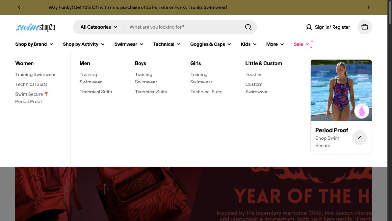 Redesigned header with the Swimwear mega menu open, showing departments for women, men, boys and girls alongside a featured collection