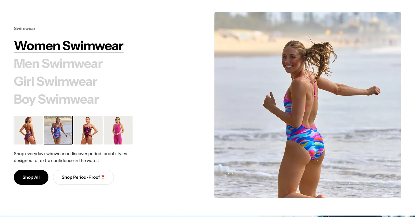 Dedicated swimwear section with routes for women, men, girls and boys alongside a large lifestyle photograph